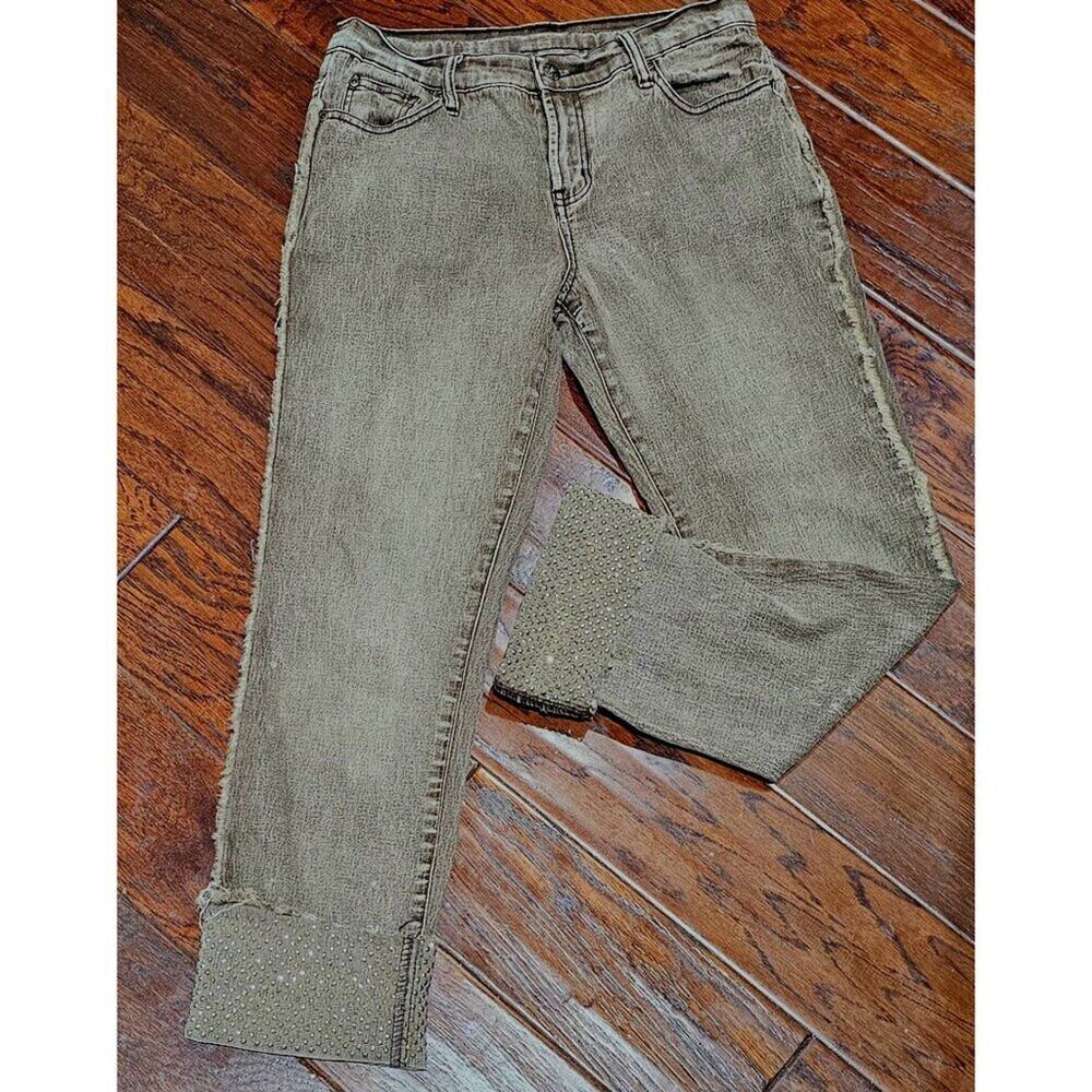 Diane Gilman DG2 Rhinestone-Embellished Distressed Brown Denim Jeans W Cuff